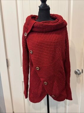 Women's Red Button-Front Knit Sweater with Draped Collar